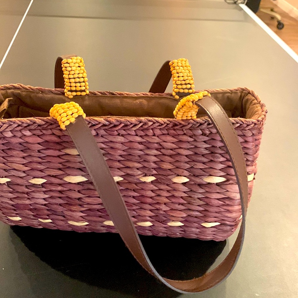 Sun and Sand Brown Woven Wicker Beach Tote Beaded HandBag Womens Boho Purse